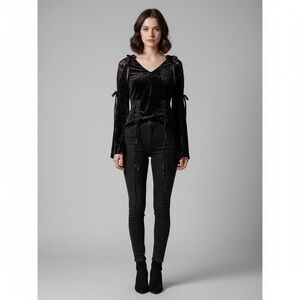 Banned Apparel Gothic Black Crushed Velvet Lace-Up Corset Style Top Bell Sleeve